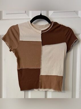 Hollister Colorblock Ribbed Baby Tee Brown Cream Patchwork Short Sleeve Size S